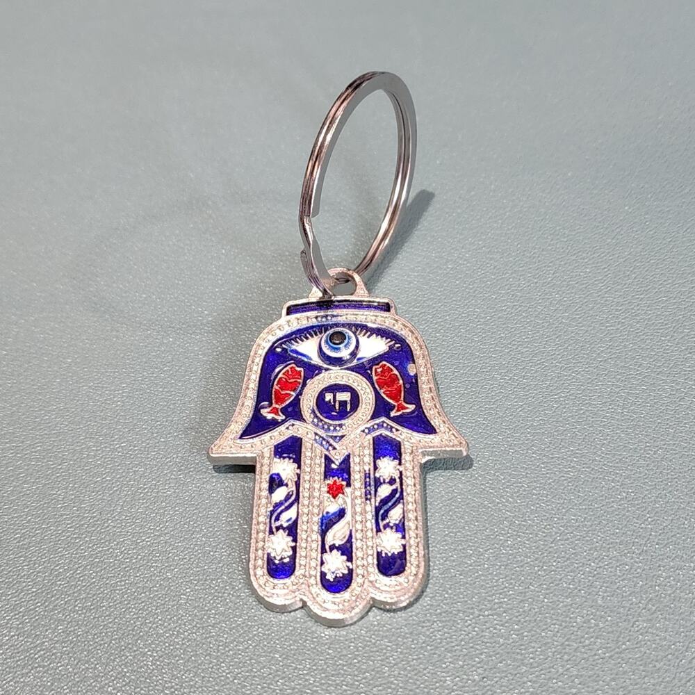Silver Tone Blue Evil Eye Hamsa Hand of Fatima Keychain - Picture 4 of 4